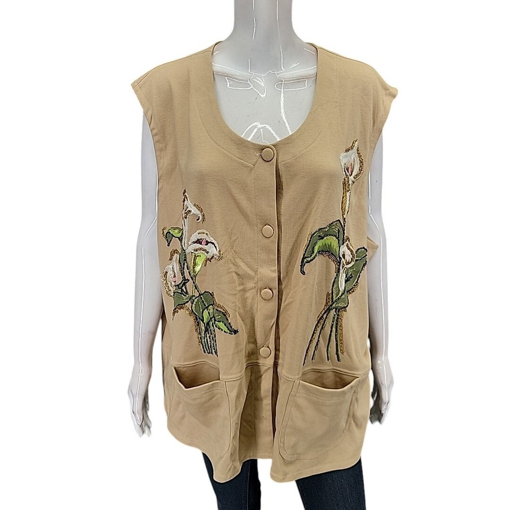 CST Sport Petites Womens 3X Beaded Floral Sleeveless Tunic Top Tan Pockets NWT
